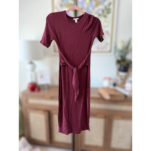 Daily Ritual Supersoft Terry Short-Sleeve Tie-Front Midi Dress Maroon Womens XS - Picture 3 of 10